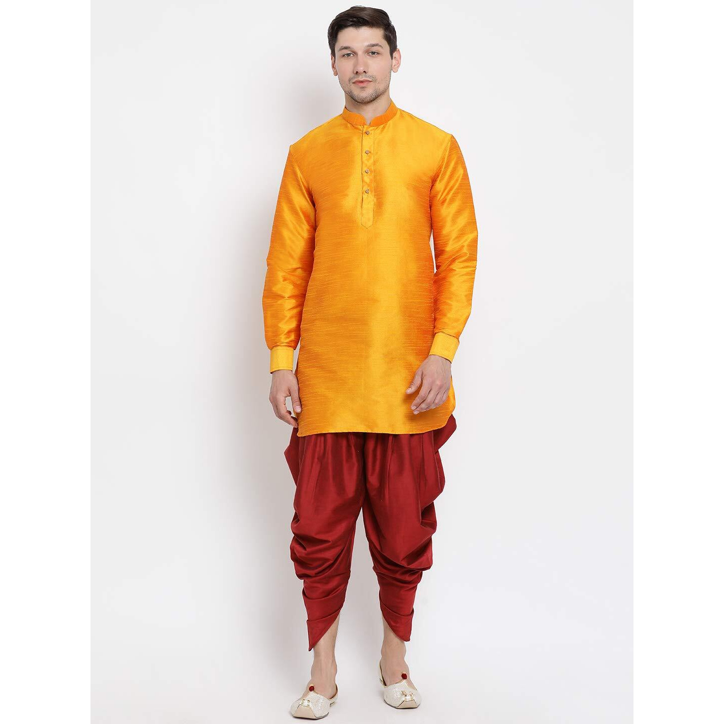 VASTRAMAY Men's Orange Silk Blend Kurta and Dhoti Pant Set_VASMUK001ORnCDMA_48