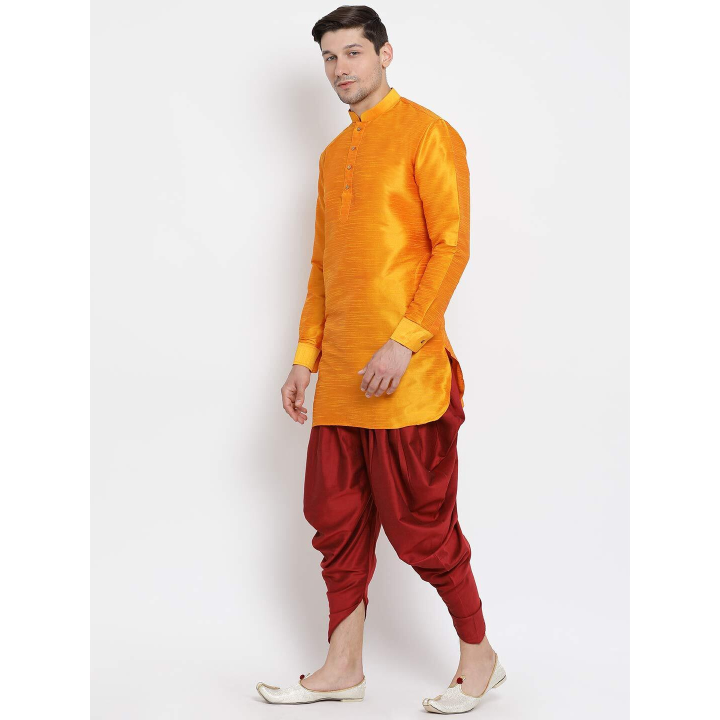 VASTRAMAY Men's Orange Silk Blend Kurta and Dhoti Pant Set_VASMUK001ORnCDMA_48