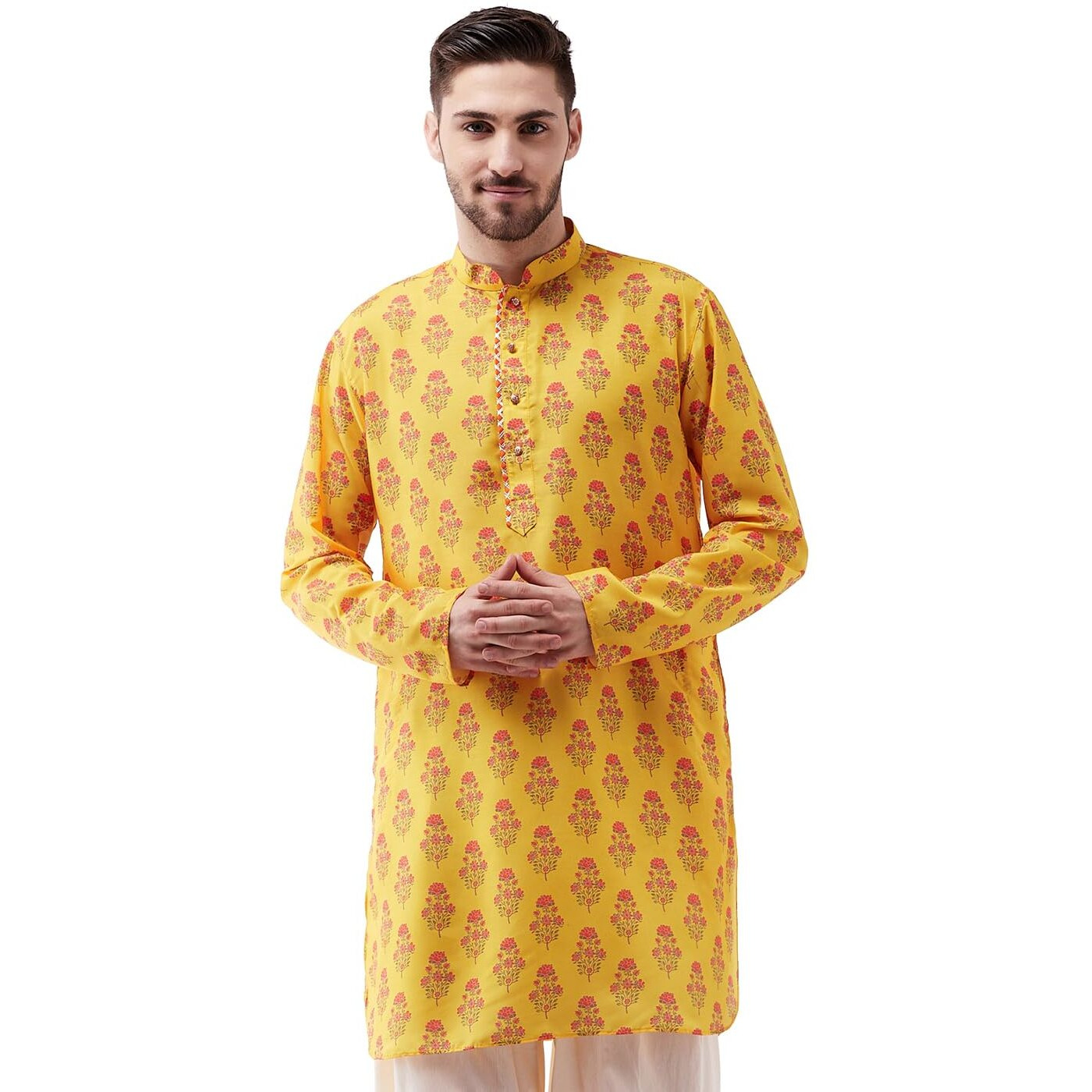VASTRAMAY Men's Multicolor-Base-Mustard Muslin Cotton Kurta-VASMUK007OR_42