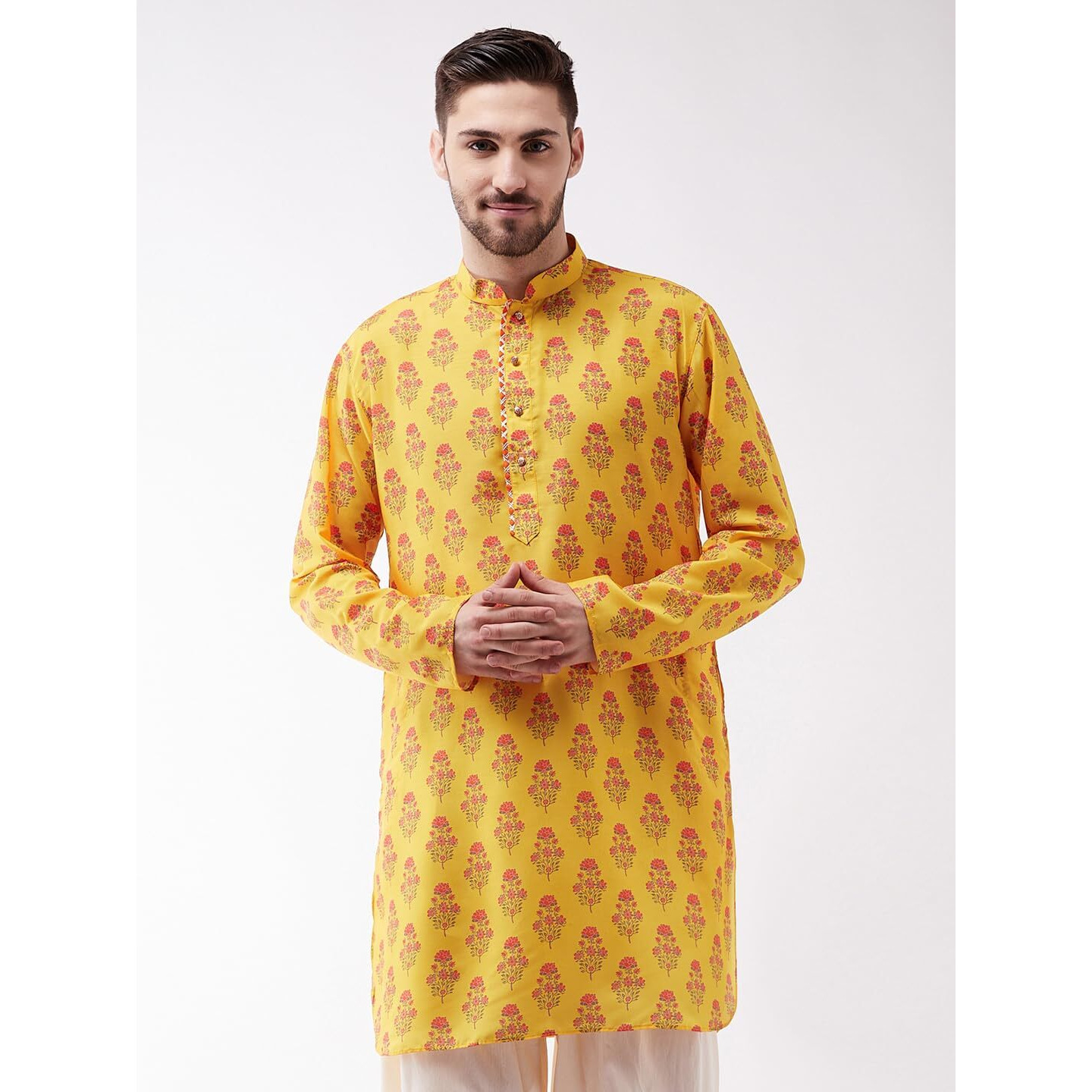 VASTRAMAY Men's Multicolor-Base-Mustard Muslin Cotton Kurta-VASMUK007OR_42