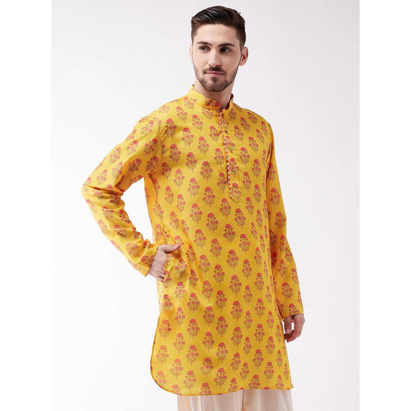 VASTRAMAY Men's Multicolor-Base-Mustard Muslin Cotton Kurta-VASMUK007OR_42