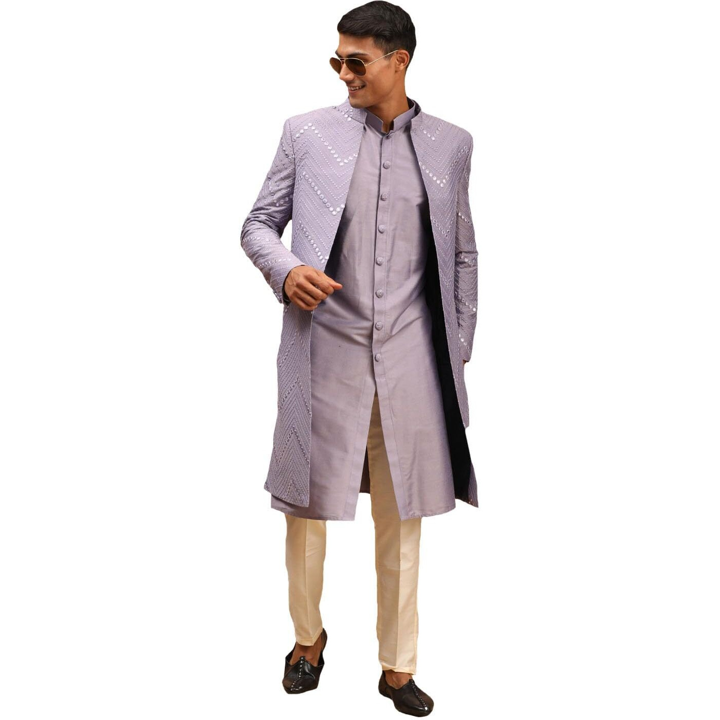 VASTRAMAY Mirror Work Front Open Sherwani Set with Pant Style Pyjama for Men  Elegant Ethnic Wear for Weddings & Festivals