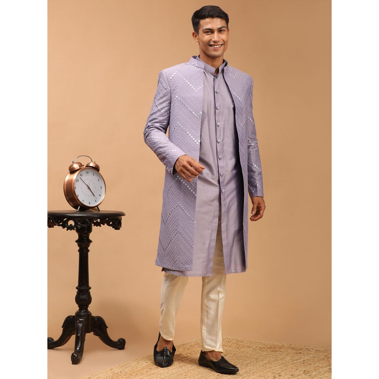 VASTRAMAY Mirror Work Front Open Sherwani Set with Pant Style Pyjama for Men  Elegant Ethnic Wear for Weddings & Festivals