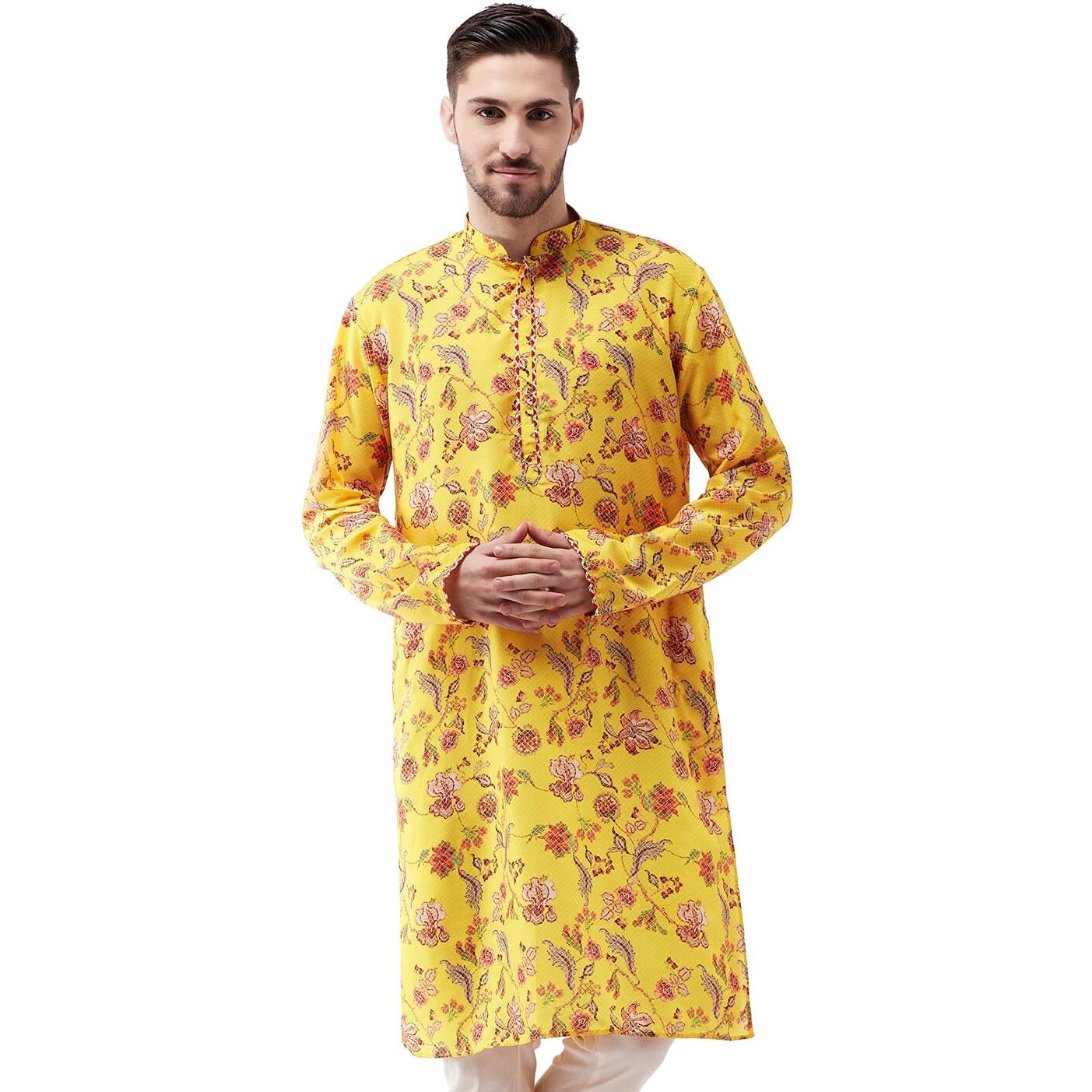 VASTRAMAY Regular Men's Floral Printed Multicolor-Base-Yellow Silk Blend Kurta (VASMK108_40 Mustard