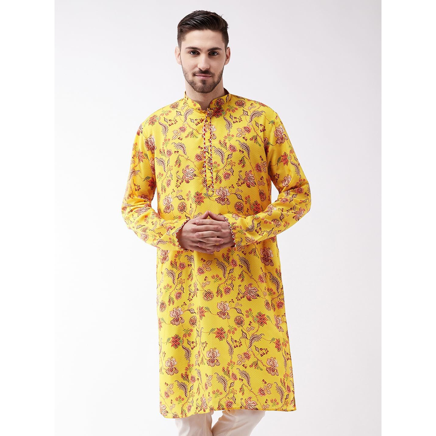 VASTRAMAY Regular Men's Floral Printed Multicolor-Base-Yellow Silk Blend Kurta (VASMK108_40 Mustard
