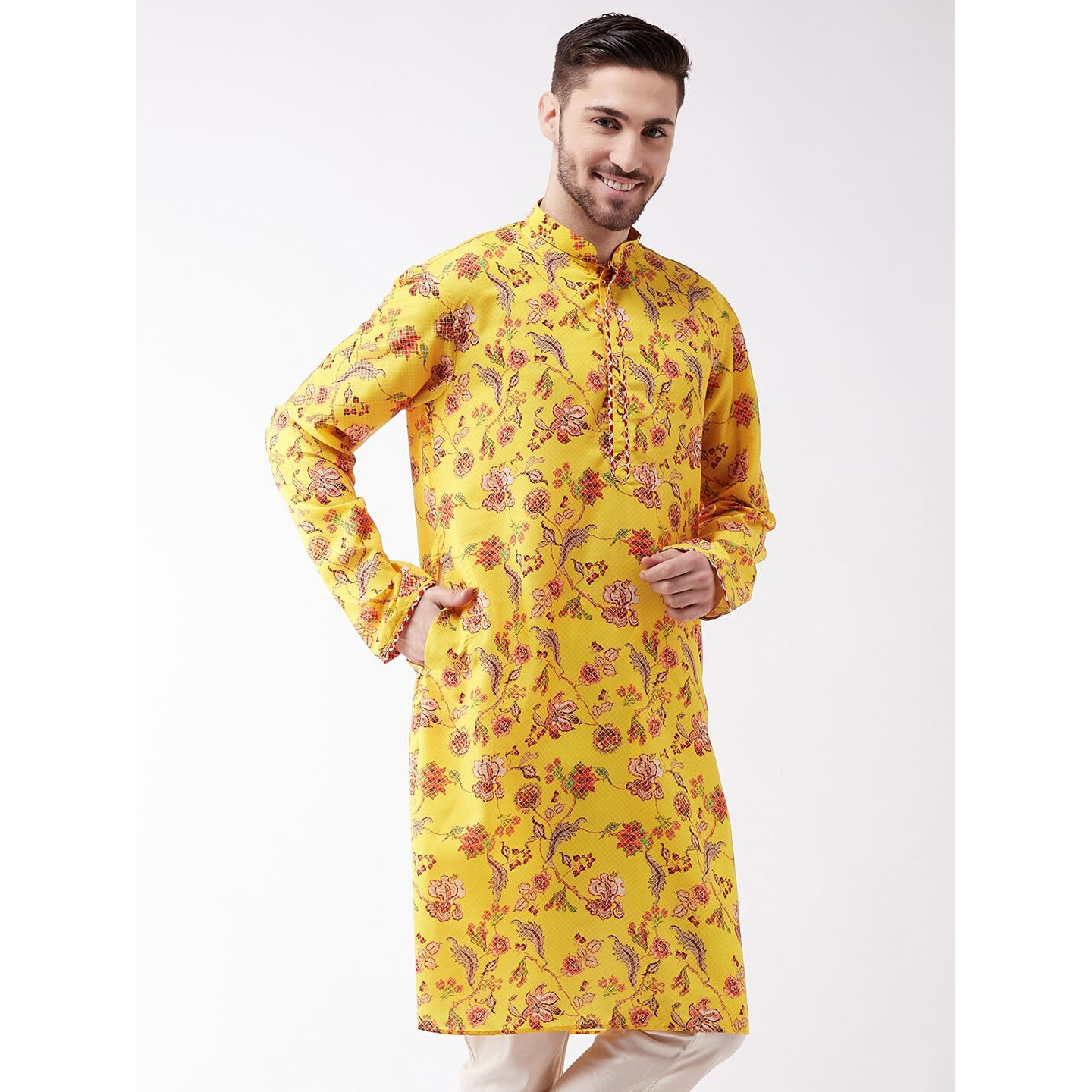 VASTRAMAY Regular Men's Floral Printed Multicolor-Base-Yellow Silk Blend Kurta (VASMK108_40 Mustard