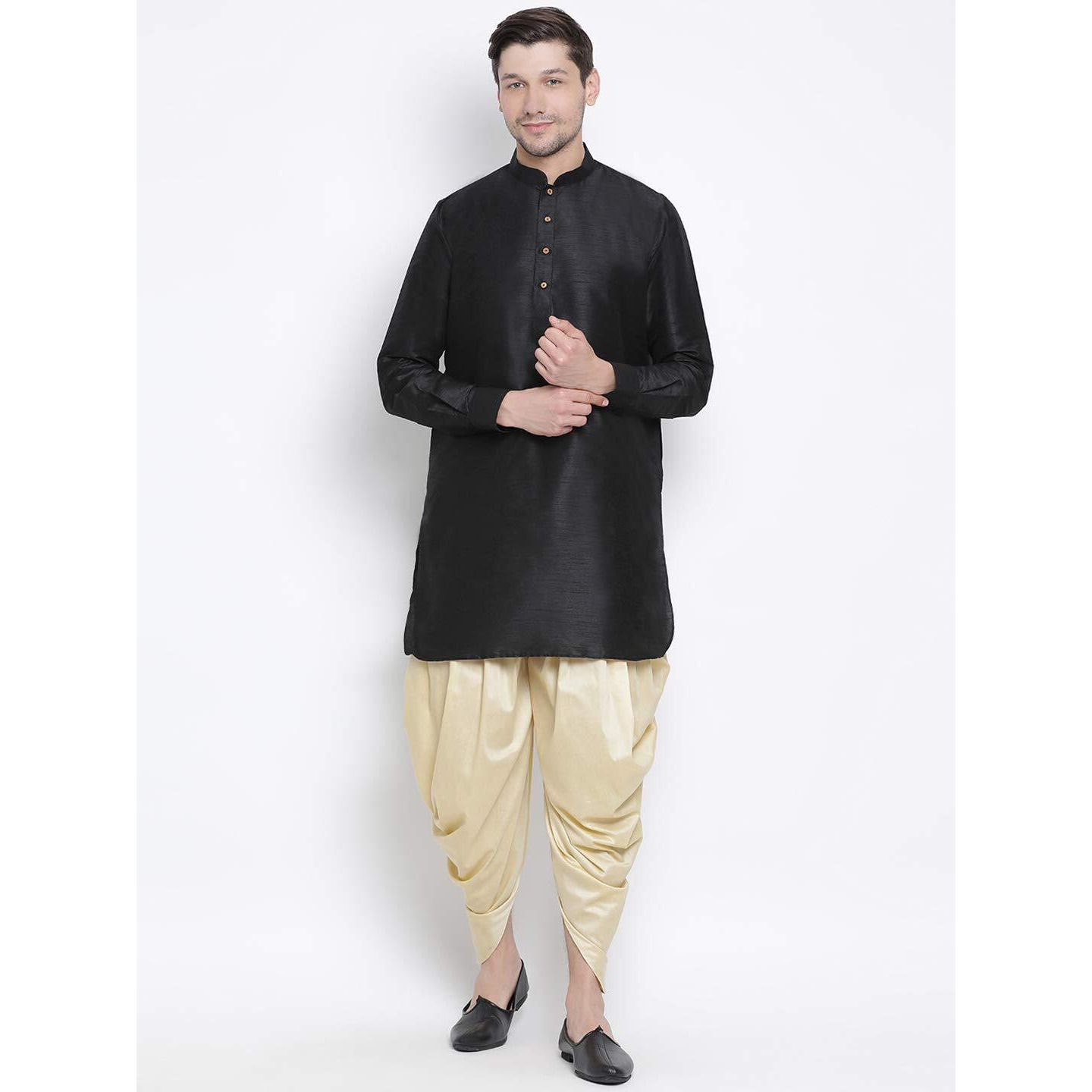 VASTRAMAY Men's Black Cotton Silk Blend Kurta and Dhoti Pant Set_VASMUK001BLnCDGO_38
