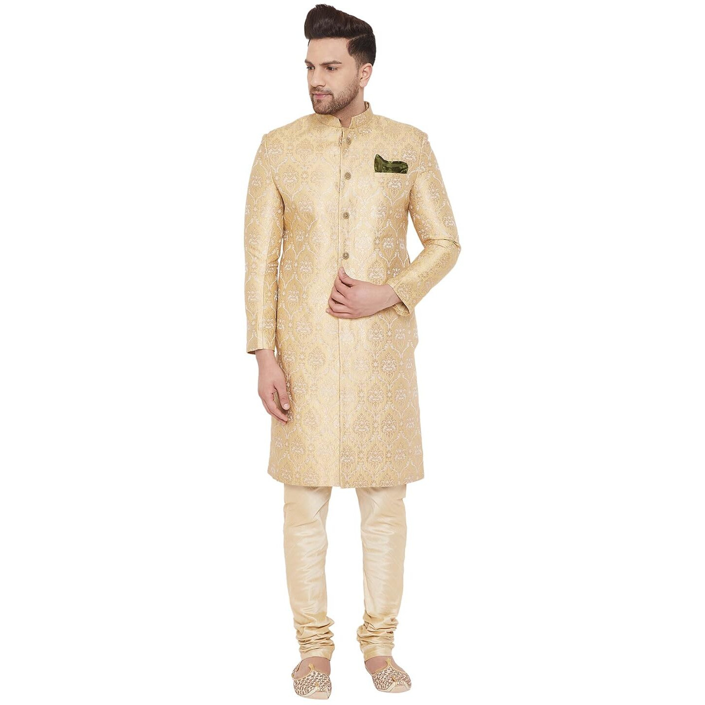 VASTRAMAY Men's Gold Beige Silk Blend Sherwani Set - Brocade Sherwani And Pyjama Set
