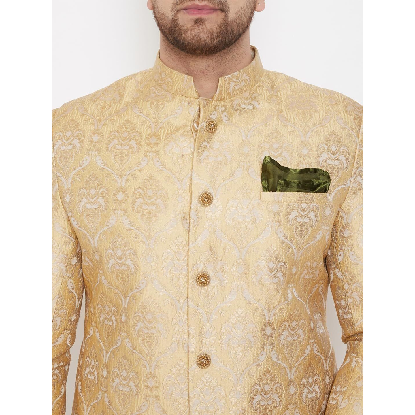 VASTRAMAY Men's Gold Beige Silk Blend Sherwani Set - Brocade Sherwani And Pyjama Set