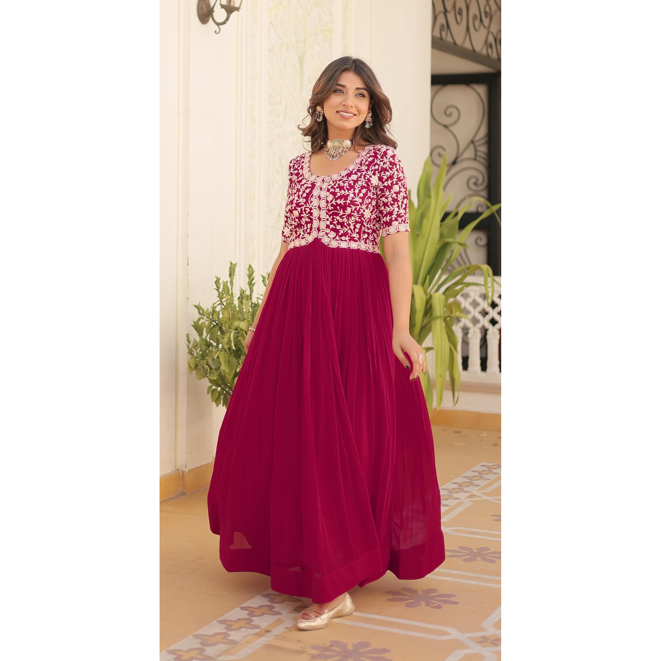 Wedani Georgette Anarkali Gown with Embroidered Top for Women (in, Alpha, XL, Regular, Pink)