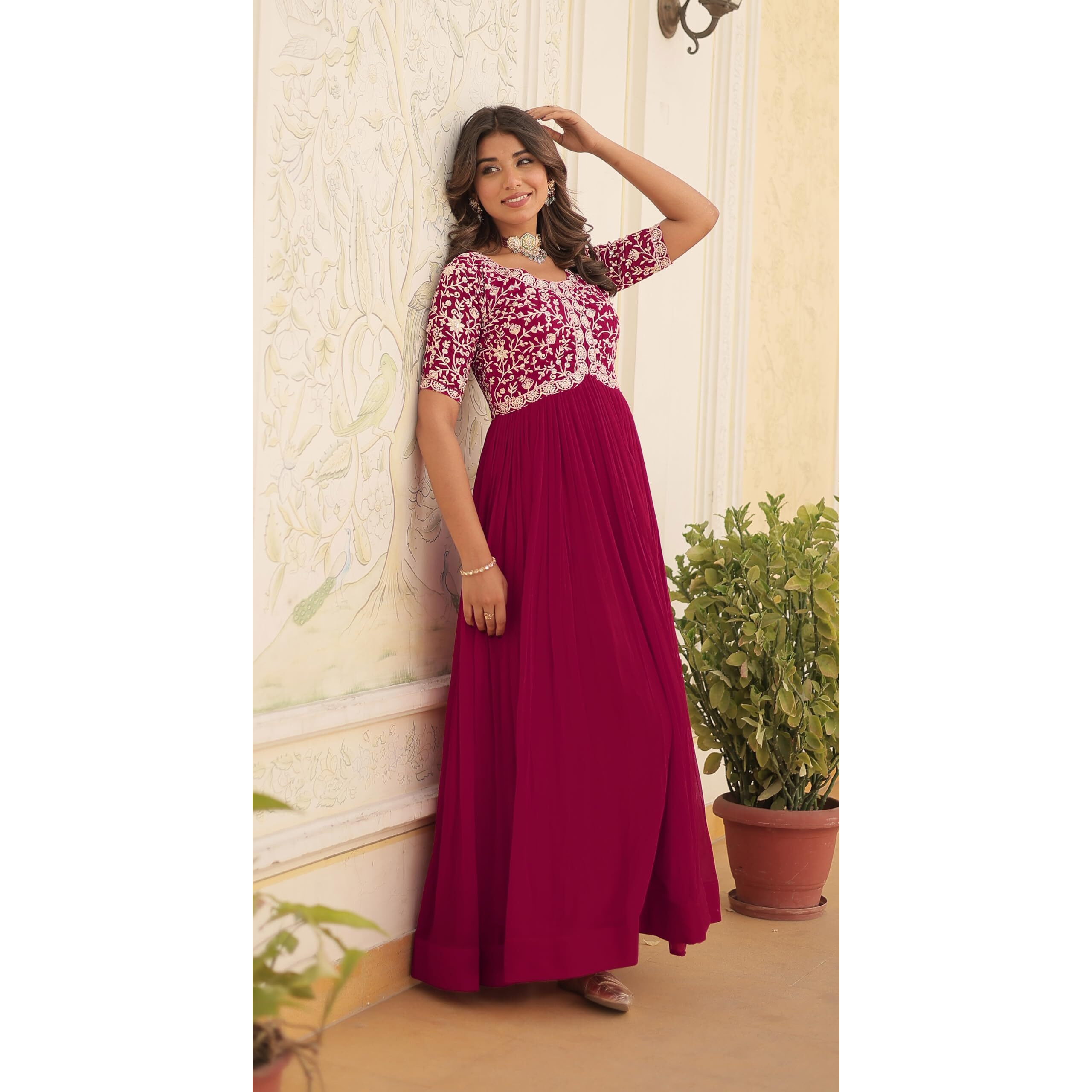 Wedani Georgette Anarkali Gown with Embroidered Top for Women (in, Alpha, XL, Regular, Pink)