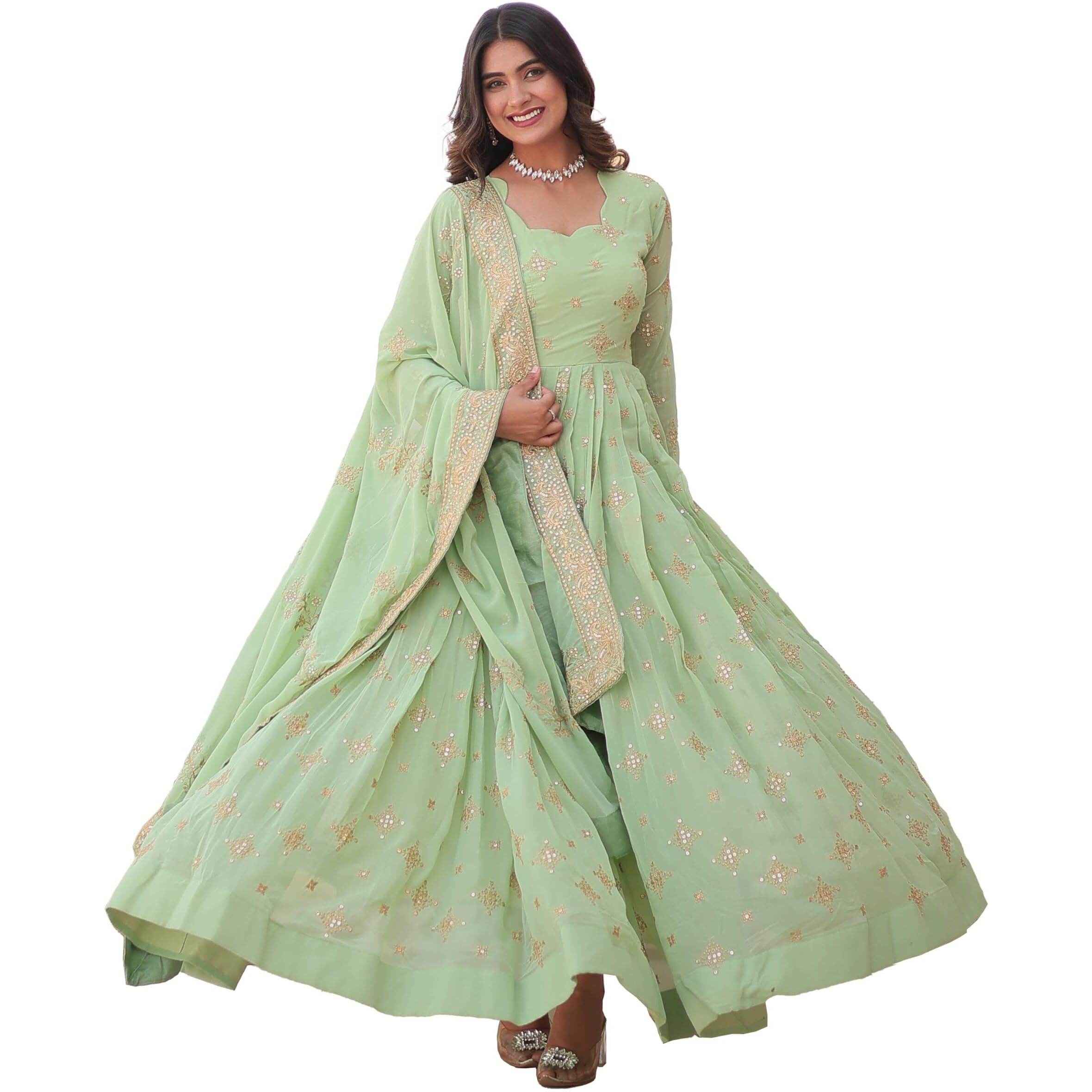Wedani Georgette Sequins Embroidery Work Anarkali Kurta Set for Women (in, Alpha, XL, Regular, Green)