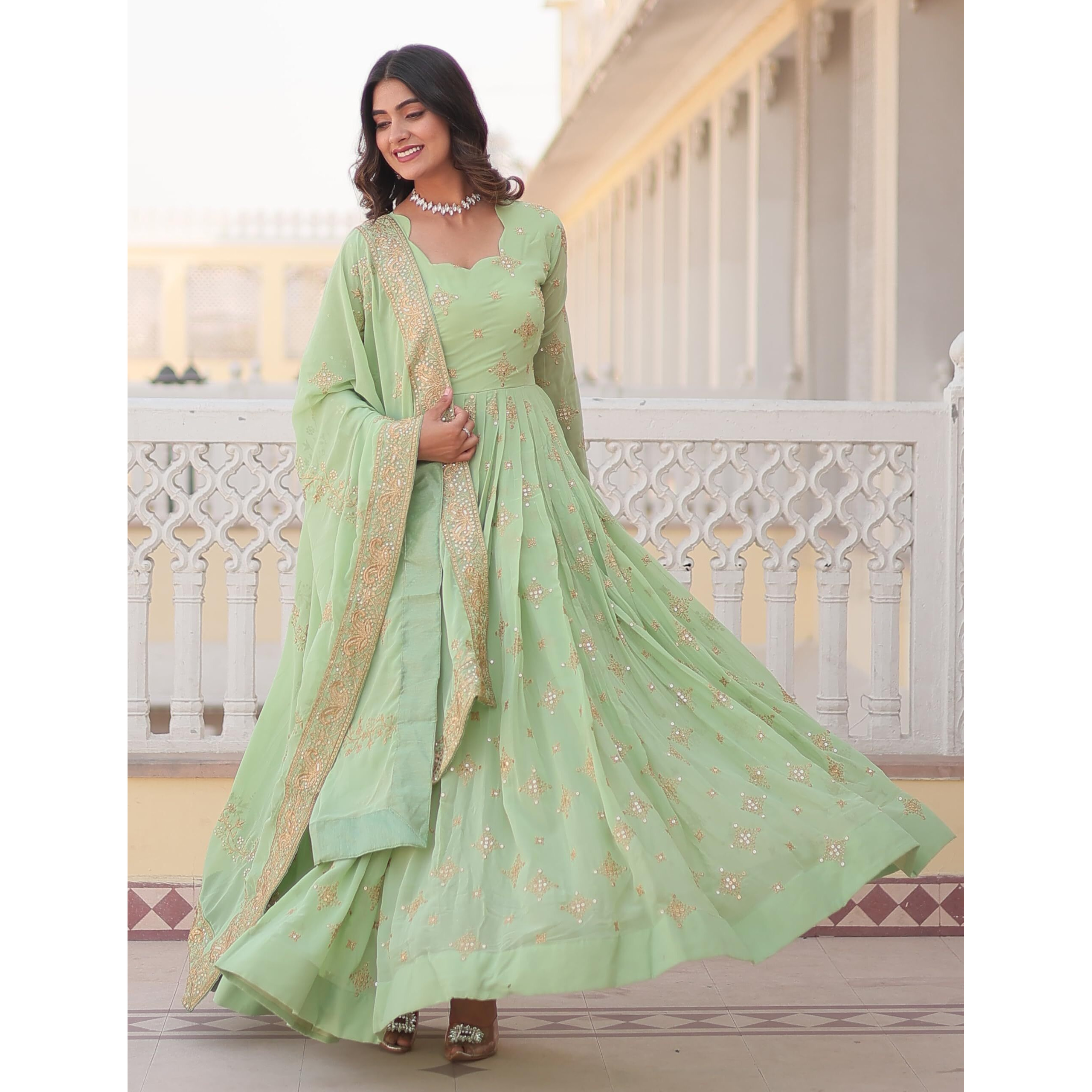 Wedani Georgette Sequins Embroidery Work Anarkali Kurta Set for Women (in, Alpha, XL, Regular, Green)