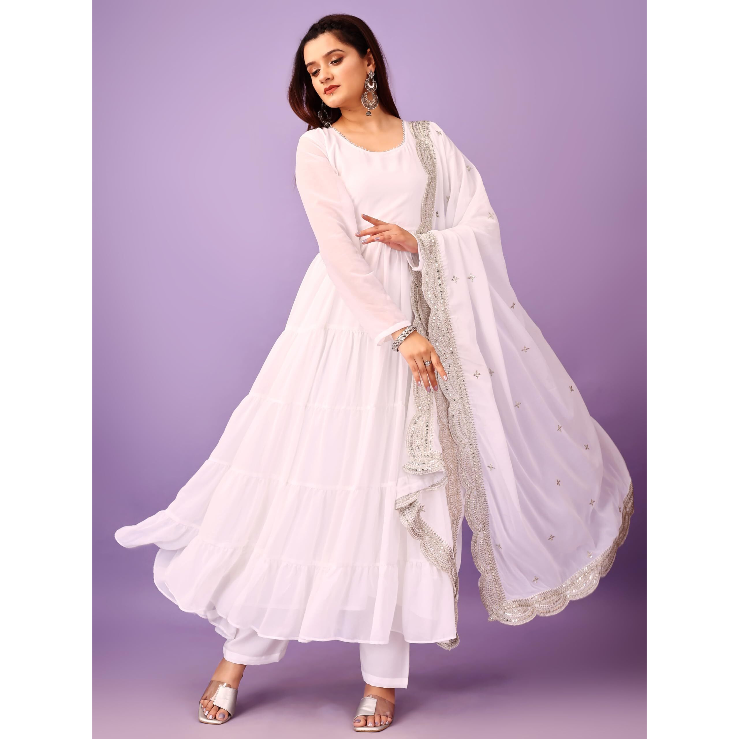Wedani Georgette Sequins Work Anarkali Kurta Set for Women (in, Alpha, S, Regular, White)