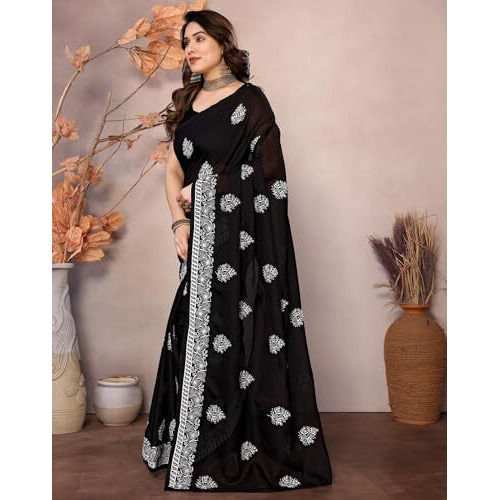 Yashika Women's Floral Embroidered Kota Doria Work Saree With Unstitched Blouse Material (AZ-YS-P1-MEGHNA BLACK)