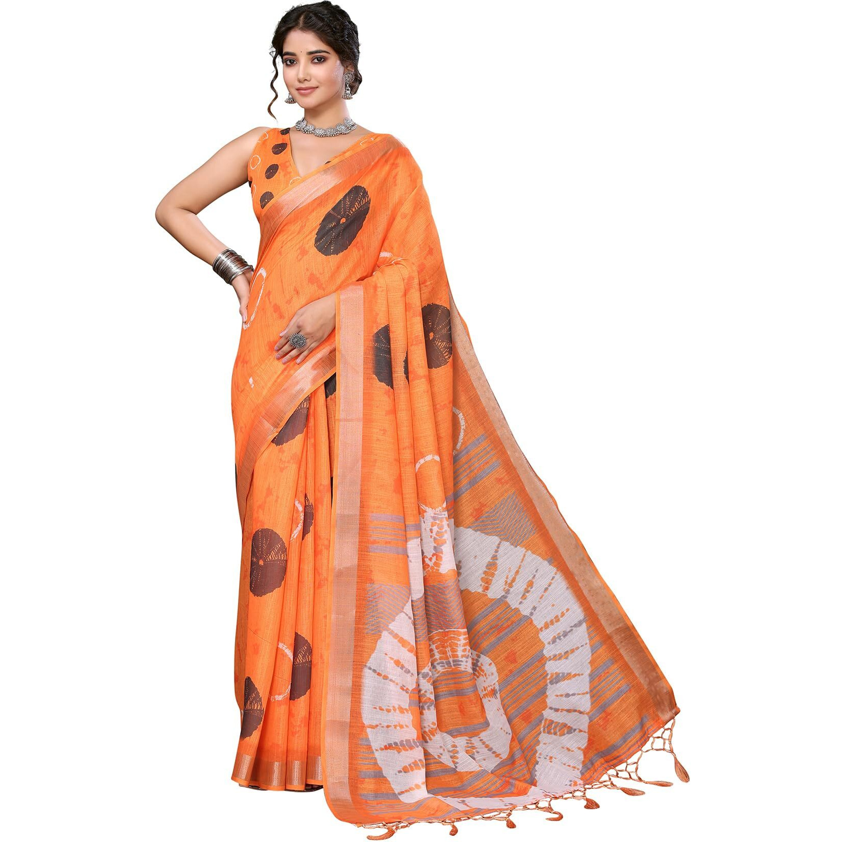 Yashika Women's Plain Digital Print Cotton Silk Blend Saree with Silver Weaving Border Tassels-Elegant Ethnic Wear for Festive and Casual Occasions (AZ-YS-P1-TIGER 07 to 20-Parent_Tiger 08-Orange)