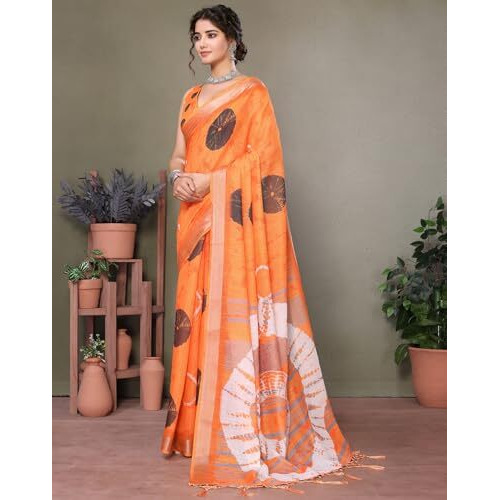 Yashika Women's Plain Digital Print Cotton Silk Blend Saree with Silver Weaving Border Tassels-Elegant Ethnic Wear for Festive and Casual Occasions (AZ-YS-P1-TIGER 07 to 20-Parent_Tiger 08-Orange)