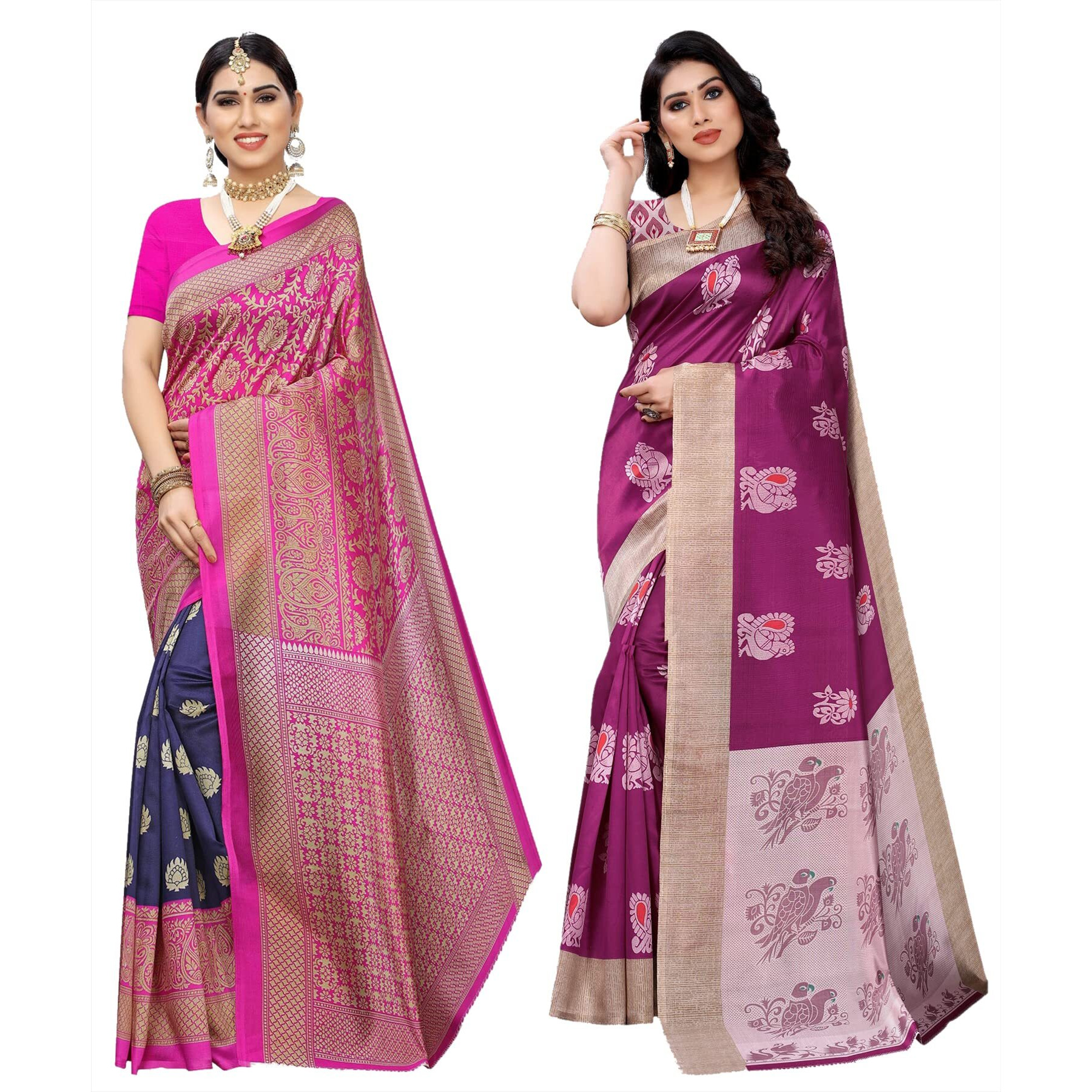 Yashika Women's Combo Art Silk Printed Saree With Blouse Piece Pack Of 2(METRO NAVY-KESAR WINE)