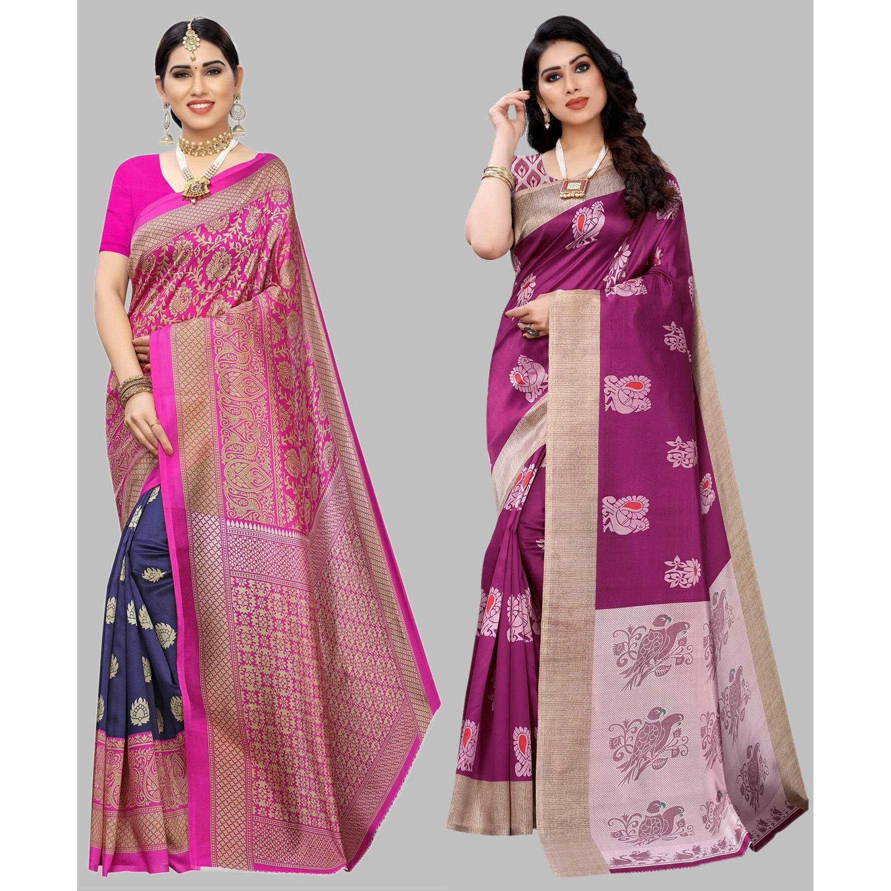 Yashika Women's Combo Art Silk Printed Saree With Blouse Piece Pack Of 2(METRO NAVY-KESAR WINE)