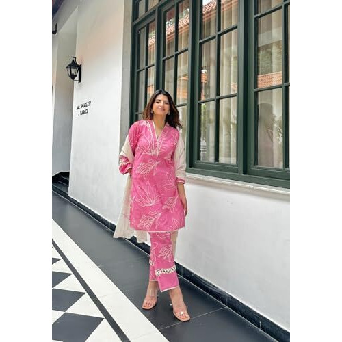 Yashika Women's Regular Cotton Blend Kurta and Pant with Dupatta Suitable for Every Indian Occasion (AZ-YS-OG-KS2187-Parent_Pink