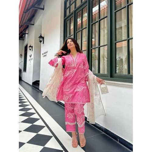 Yashika Women's Regular Cotton Blend Kurta and Pant with Dupatta Suitable for Every Indian Occasion (AZ-YS-OG-KS2187-Parent_Pink