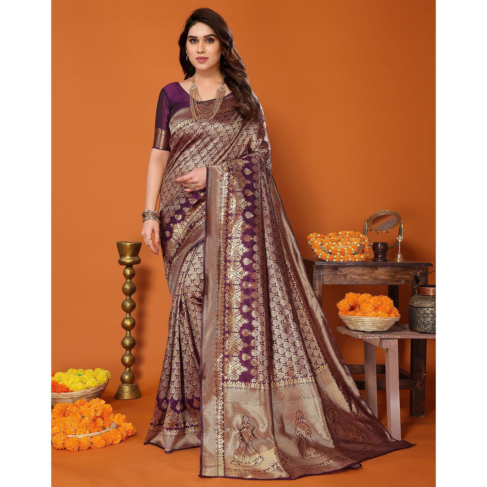 Yashika Present Banarasi Kanjivaram Silk Saree For Fashionable Women||Purple Coloured Silk Kanjivaram Saree|| AZ-YS-P1-MALIYA PURPLE New
