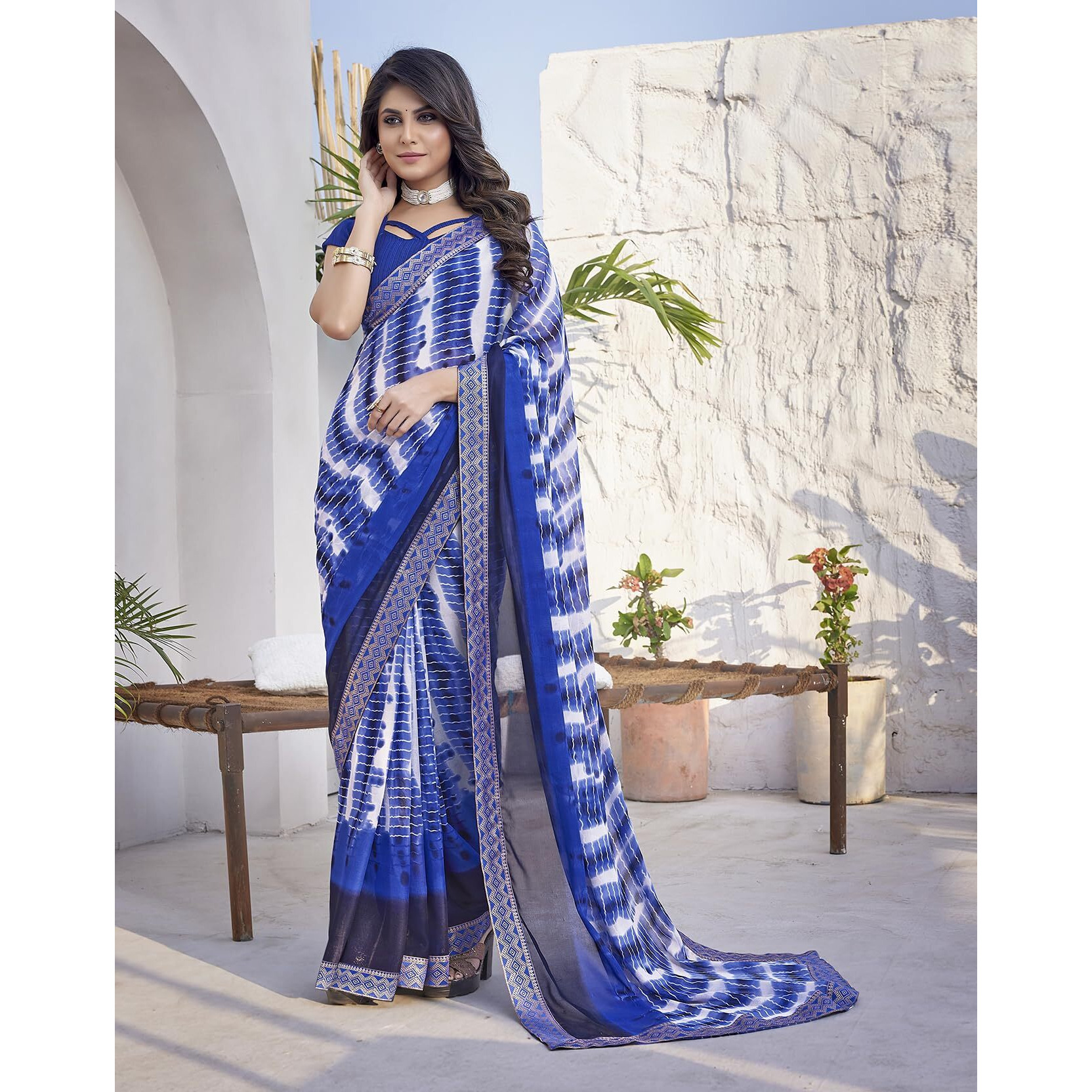 Yashika Women's Beautifull Printed Jacquard Lace Georgette Saree with Blouse Material||Royal Blue Coloured Georgette Saree||AZ-YS-P1-STYLISH BLUE
