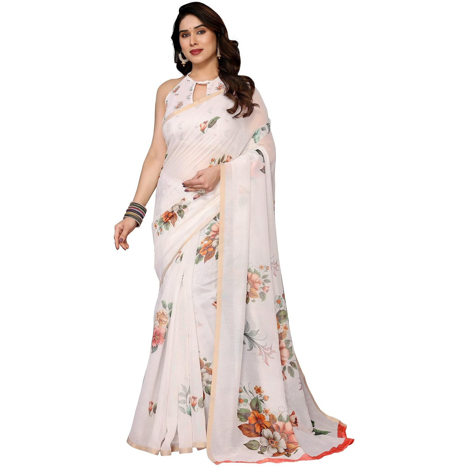 Yashika Women's Floral Digital Print Chandheri Saree with Unstitched Blouse Material (AZ-YS-P1-SASIKALA WHITE)