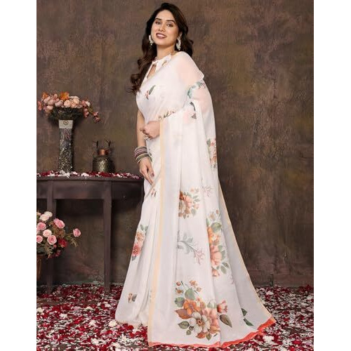 Yashika Women's Floral Digital Print Chandheri Saree with Unstitched Blouse Material (AZ-YS-P1-SASIKALA WHITE)