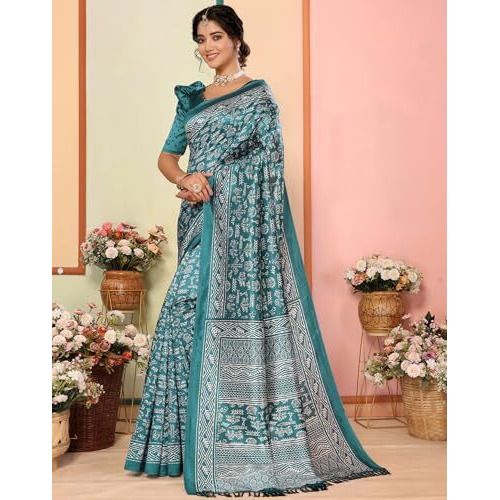 Yashika Women's Art Silk Printed with Tassels Unstitched Blouse Material Stylish Party Casual Wear Traditional Trendy Saree (AZ-YS-P1-RUPSA-Parent_Rama)