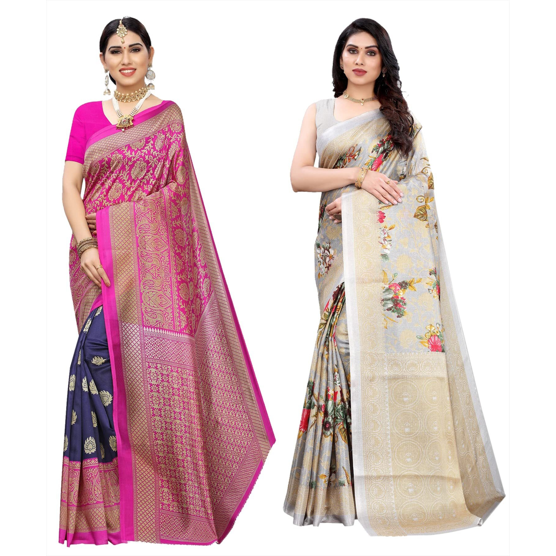 Yashika Women's Combo Art Silk Printed Saree With Blouse Piece Pack Of 2(METRO NAVY-PUDINA GREY)