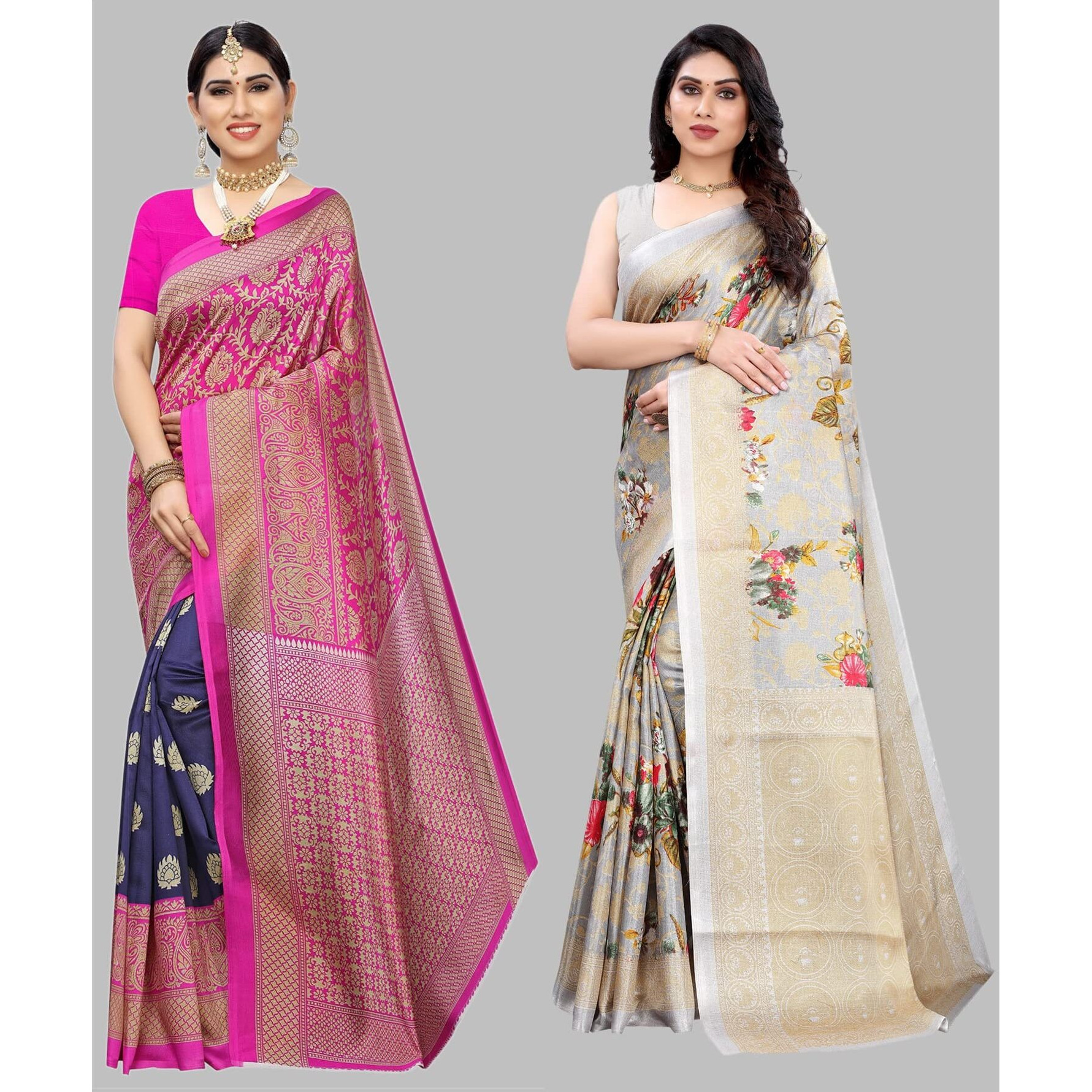 Yashika Women's Combo Art Silk Printed Saree With Blouse Piece Pack Of 2(METRO NAVY-PUDINA GREY)