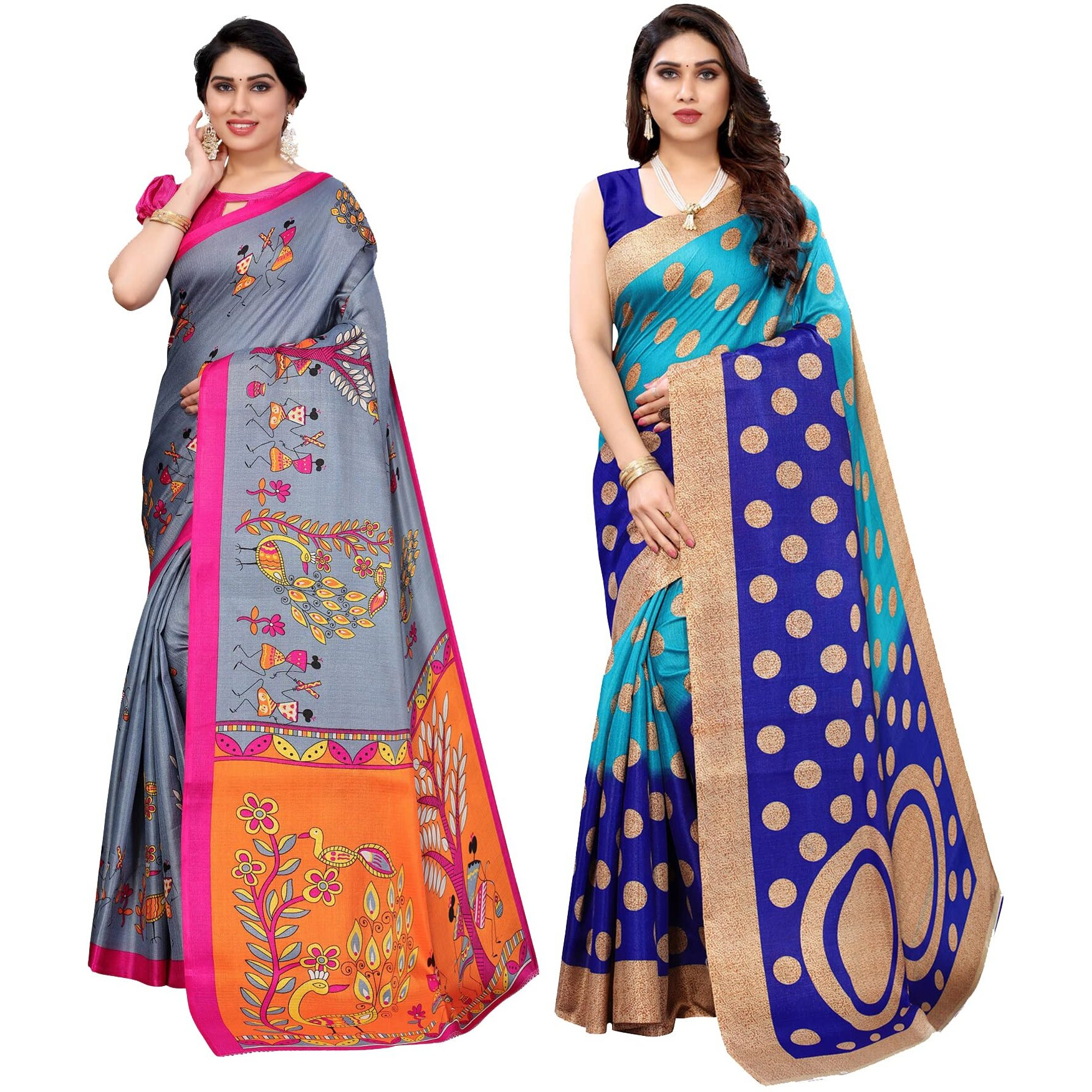 Yashika Women's Combo Art Silk Printed Saree With Blouse Piece Pack Of 6(DANDIYA GREY-KORA BLUE)