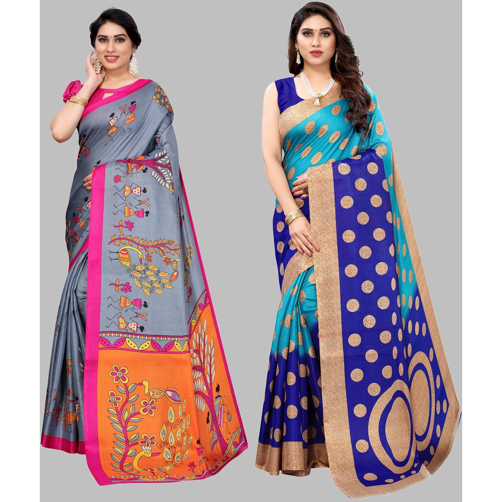 Yashika Women's Combo Art Silk Printed Saree With Blouse Piece Pack Of 6(DANDIYA GREY-KORA BLUE)