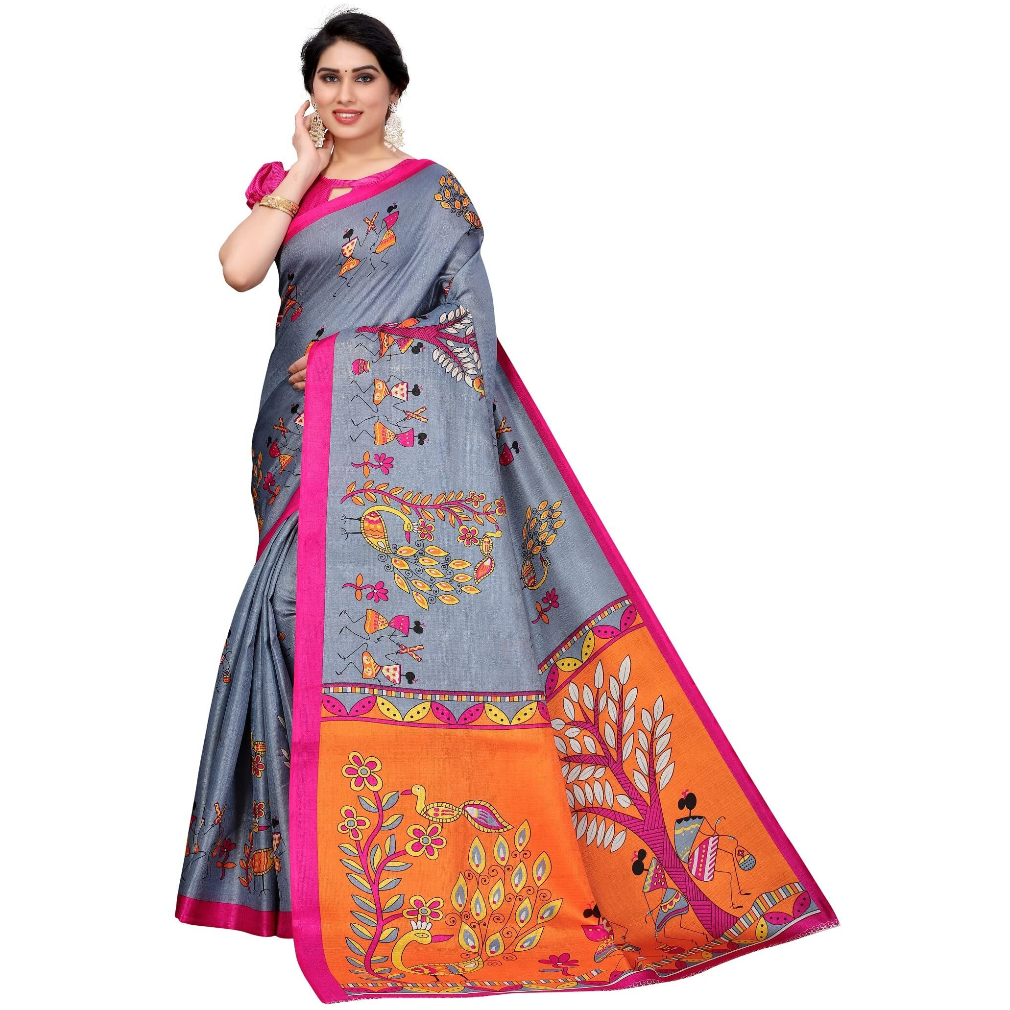 Yashika Women's Combo Art Silk Printed Saree With Blouse Piece Pack Of 6(DANDIYA GREY-KORA BLUE)