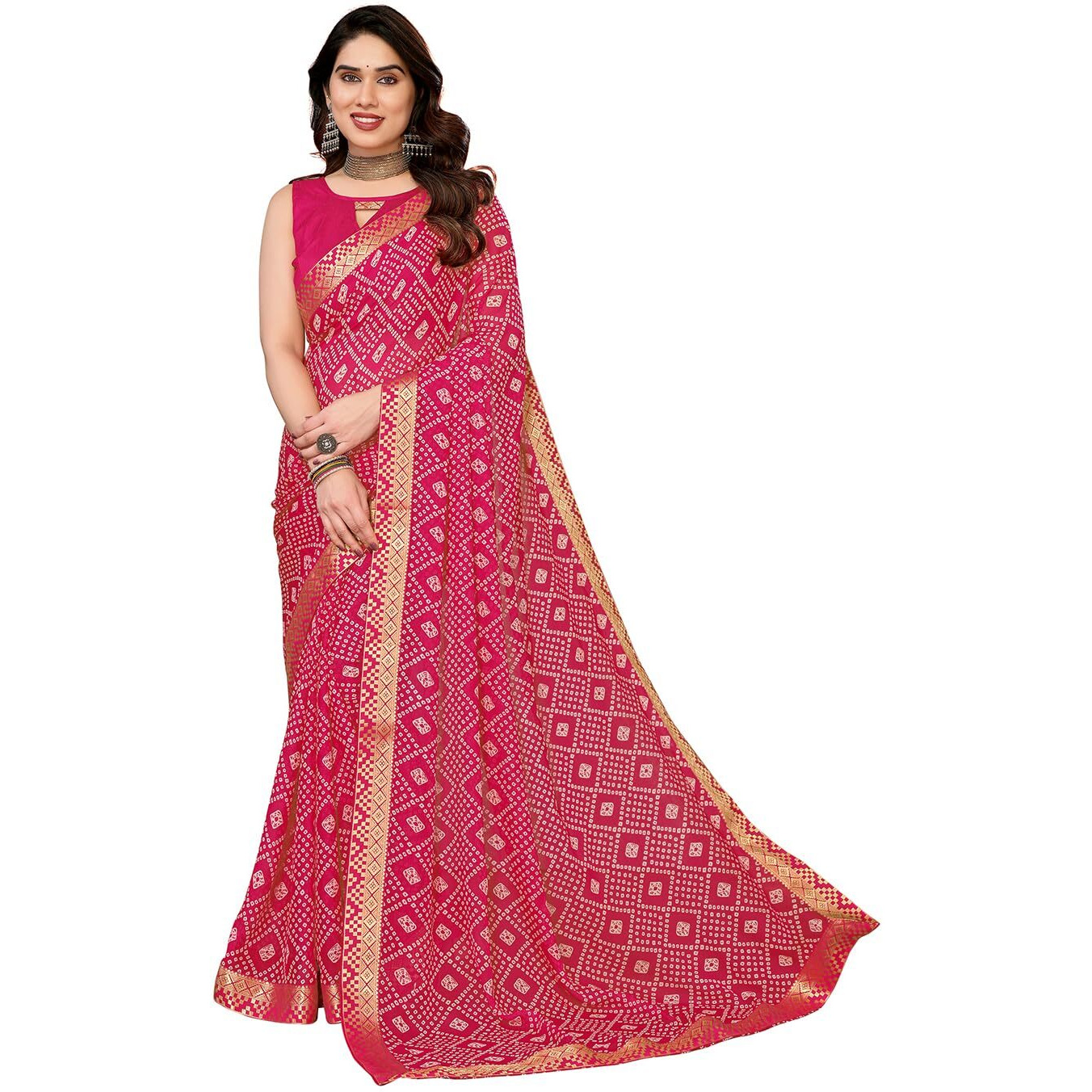 Yashika Women's Printed Georgette Saree With Lace Border and Unstitched Blouse Material (AZ-YS-P1-GOMTI PINK)