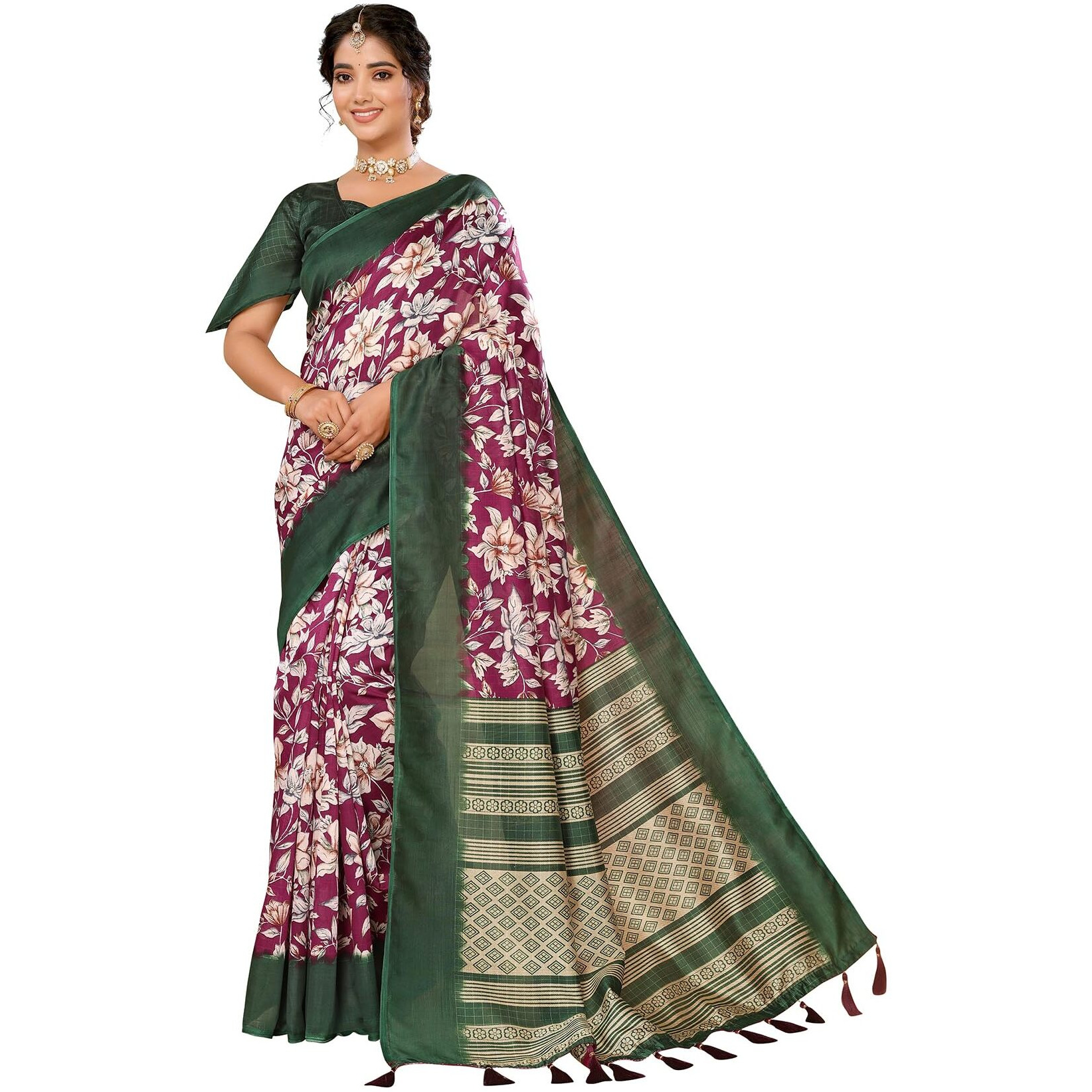 Yashika Women's Art Silk Printed with Tassels Unstitched Blouse Material Stylish Party Casual Wear Traditional Trendy Saree (AZ-YS-P1-SEVIKA-Parent_Purple)
