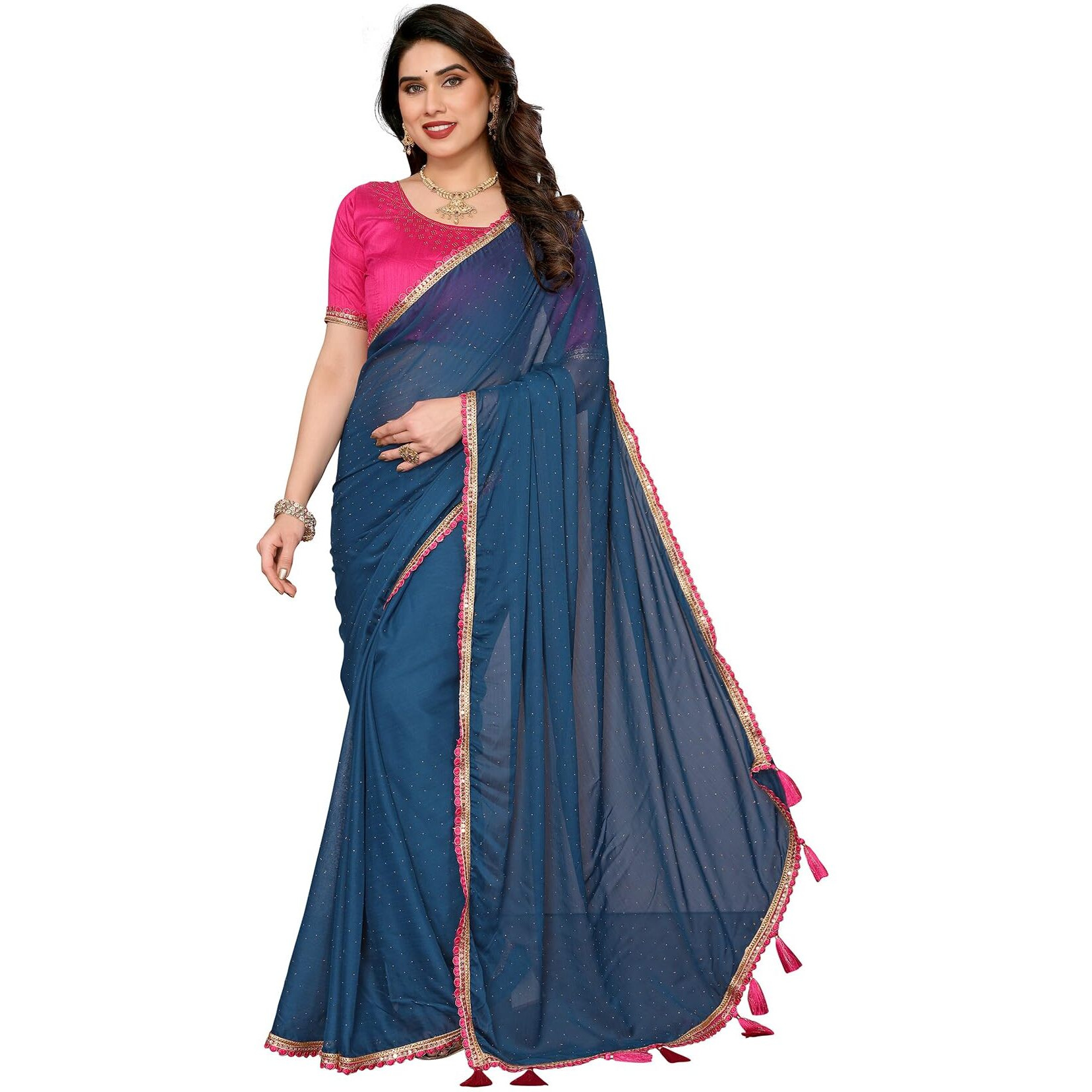 Yashika Women's Solid Color Georgette Zari Work Saree With Lace and Unstitched Blouse Material (AZ-YS-P1-NEEPA RAMA)