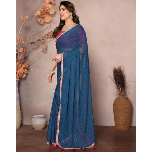 Yashika Women's Solid Color Georgette Zari Work Saree With Lace and Unstitched Blouse Material (AZ-YS-P1-NEEPA RAMA)
