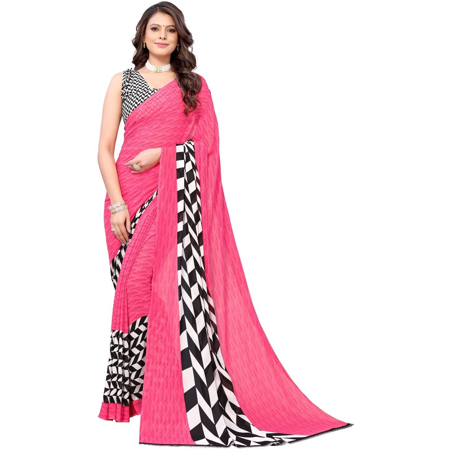 Yashika Women's Georgette Saree With Unstitched Blouse Piece (Piku Pink_W_Pink)