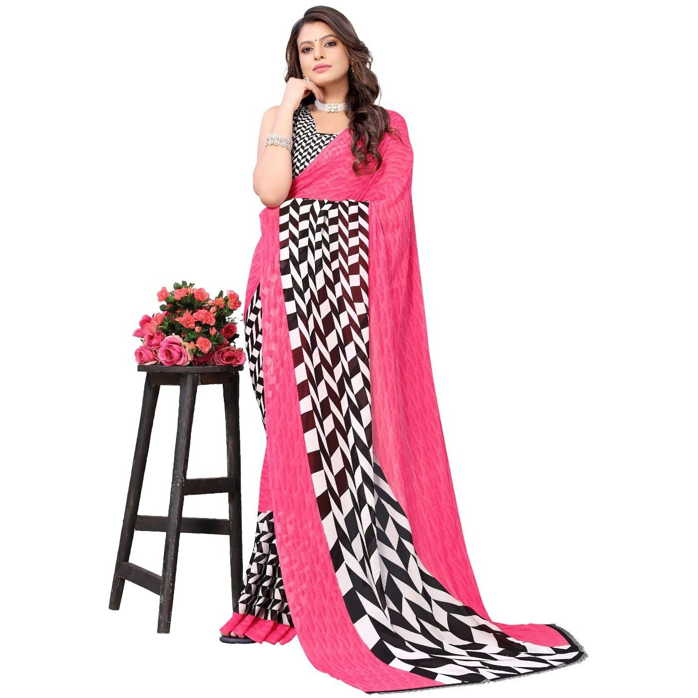 Yashika Women's Georgette Saree With Unstitched Blouse Piece (Piku Pink_W_Pink)