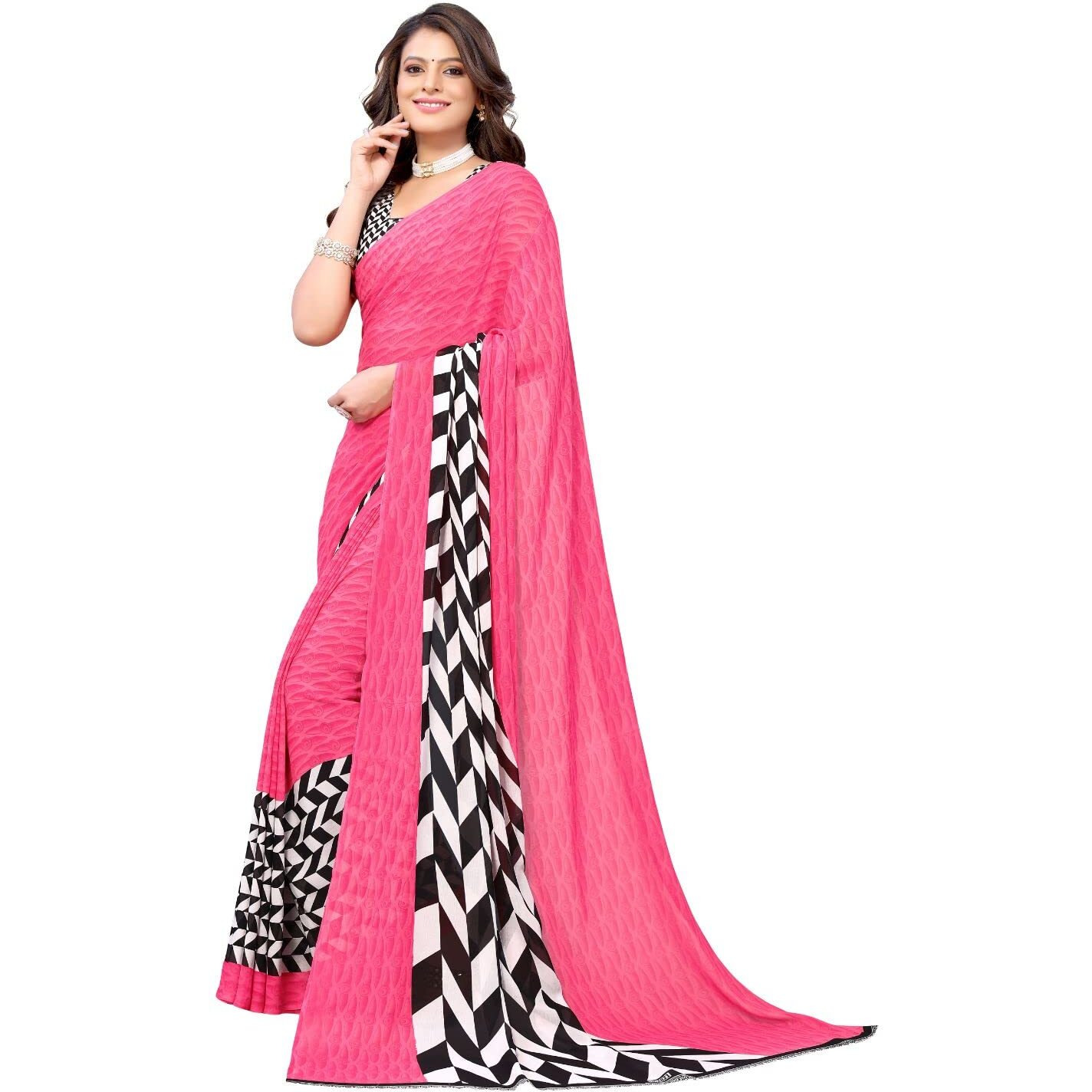 Yashika Women's Georgette Saree With Unstitched Blouse Piece (Piku Pink_W_Pink)