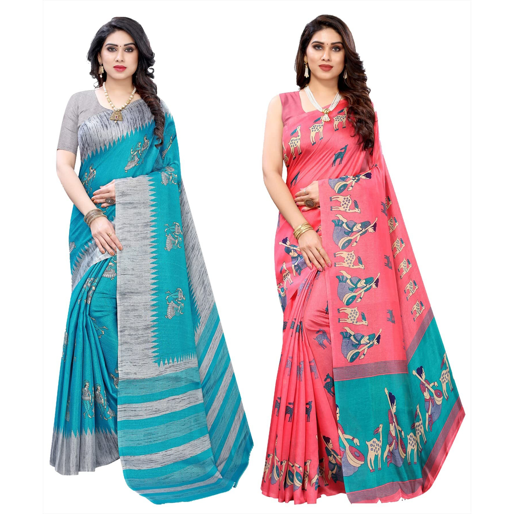 Yashika Women's Combo Art Silk Printed Saree With Blouse Piece Pack Of 2(NAURTA BLUE-MAITHALI PINK)