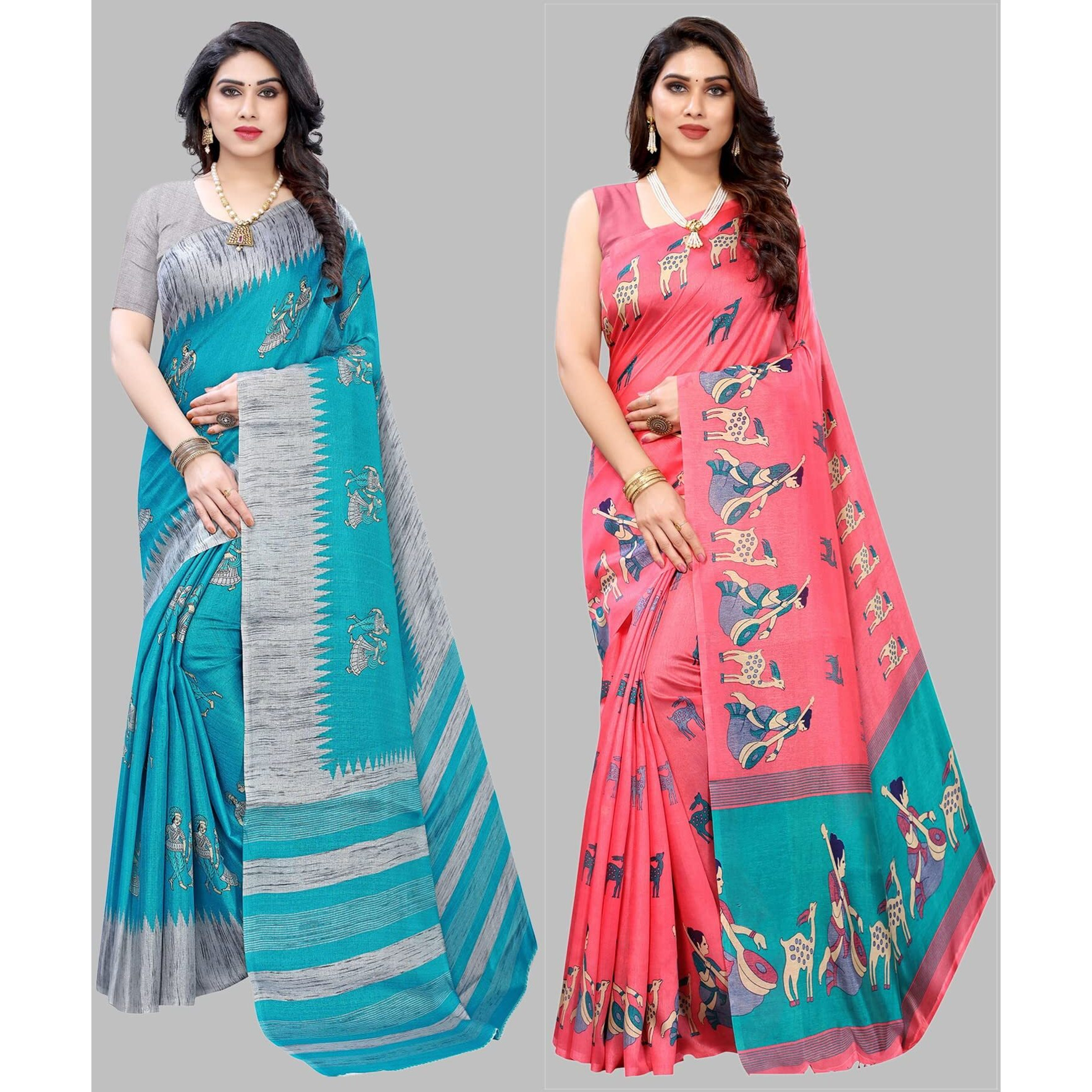 Yashika Women's Combo Art Silk Printed Saree With Blouse Piece Pack Of 2(NAURTA BLUE-MAITHALI PINK)