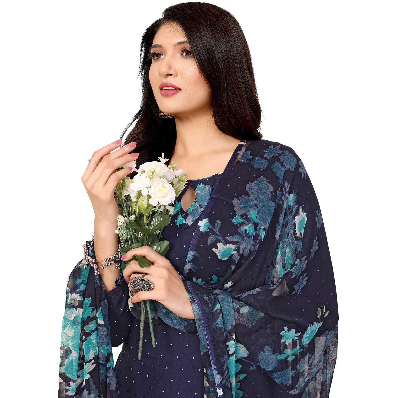 Yashika Women's Printed Dress Material - Unstitched Crepe Fabric Kurti, Pants & Dupatta Set (AZ-YS-P4-BLUE FLOWER)