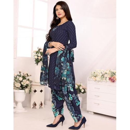 Yashika Women's Printed Dress Material - Unstitched Crepe Fabric Kurti, Pants & Dupatta Set (AZ-YS-P4-BLUE FLOWER)