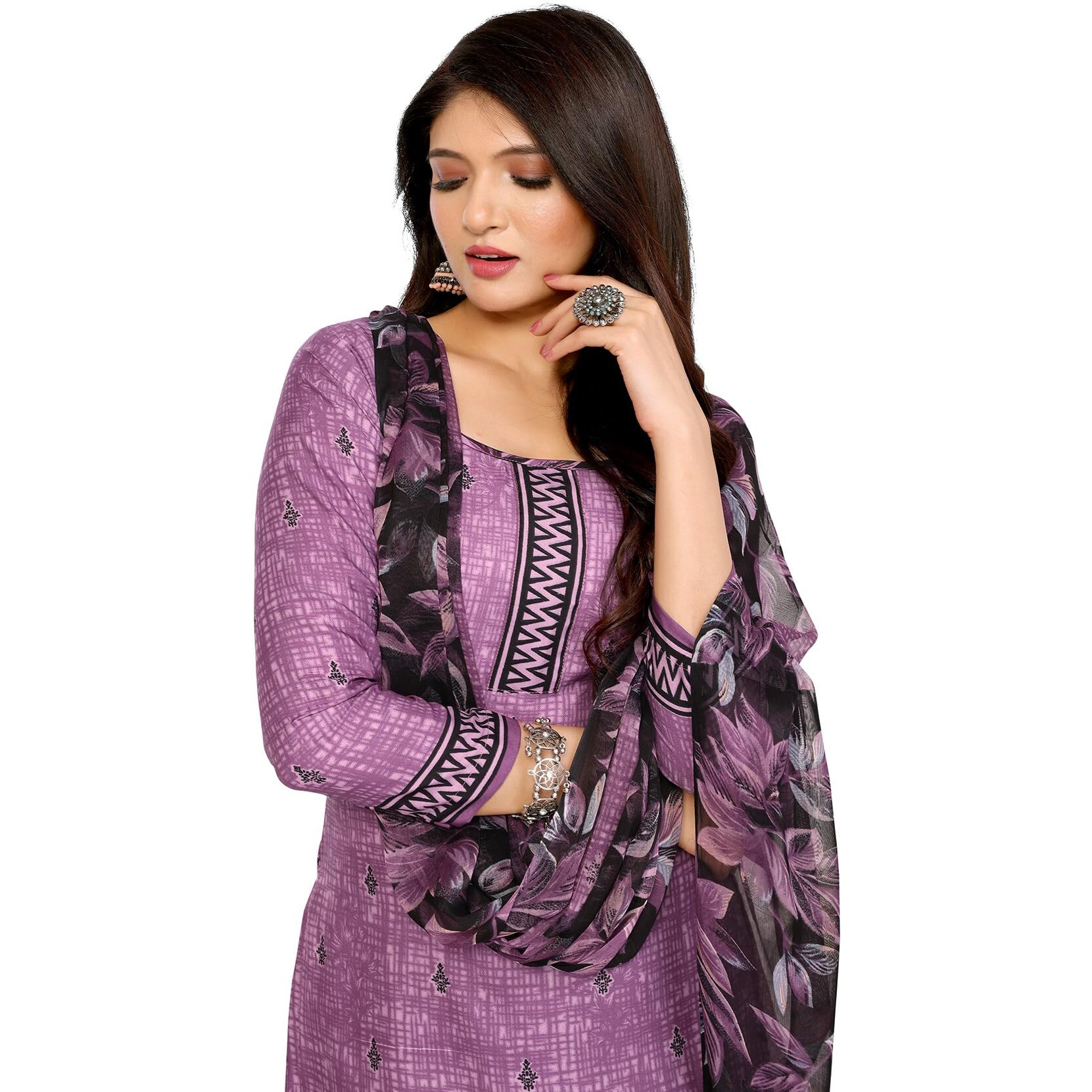 Yashika Women's Printed Dress Material - Unstitched Crepe Fabric Kurti, Pants & Dupatta Set (AZ-YS-P4-SUKI GREY)
