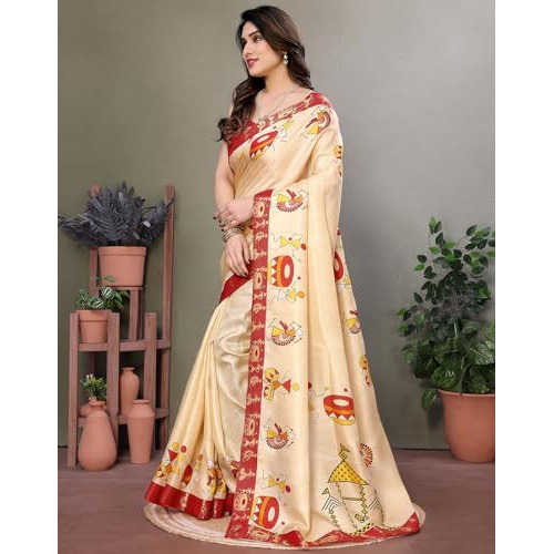 Yashika Women's Printed Kalamkari Art Silk Saree With Lace and Unstitched Blouse Material (AZ-YS-P1-DAMRU GOLD LACE)