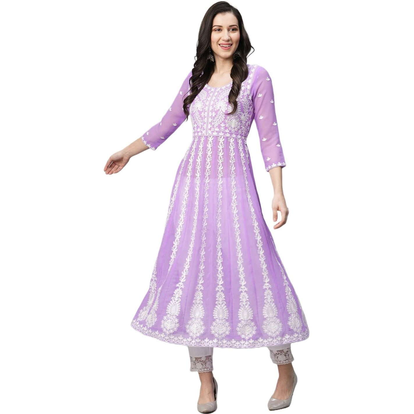 ANNI DESIGNER Women's Georgette Chikankari Embroidered Anarkali Kurti (Naav Purple_M_Purple_Medium)