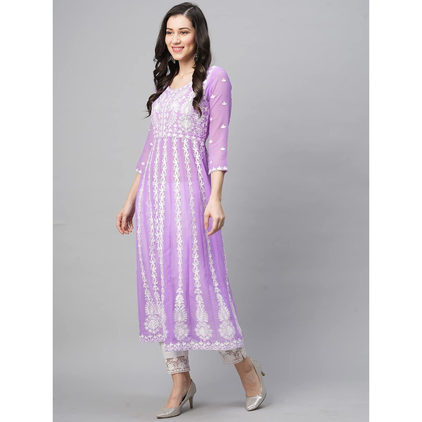 ANNI DESIGNER Women's Georgette Chikankari Embroidered Anarkali Kurti (Naav Purple_M_Purple_Medium)